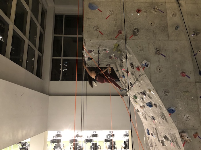 Illinois Center Chicago Rock Climbing Wall - Woman Rock Climbing to the Top of 7 Story Rock Wall